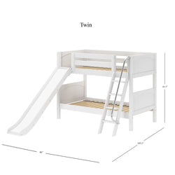 Twin white wooden bunk bed with slide and ladder, ideal for kids' bedroom furniture setup.