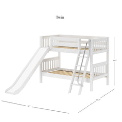 Twin-size white wooden bunk bed with slide and ladder, ideal for kids' bedrooms.