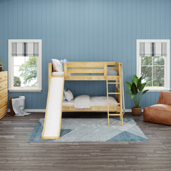 Children's bedroom with a wooden bunk bed featuring a slide, blue accents, and cozy decor.