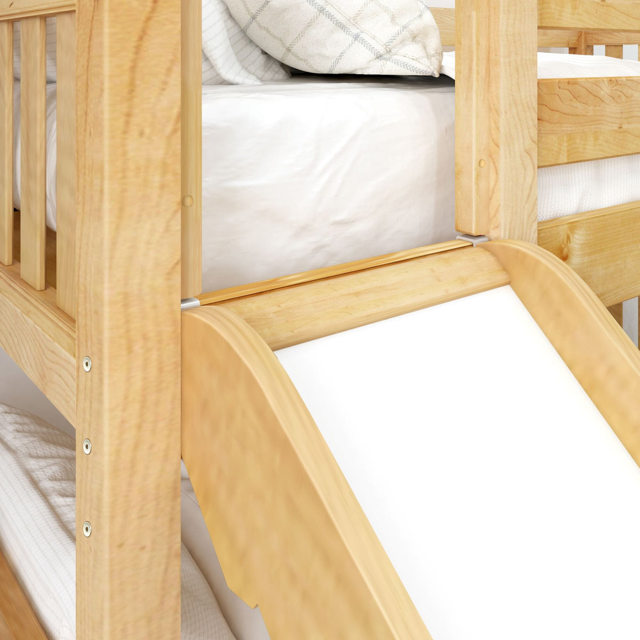 Wooden bunk bed with slide and comfortable white bedding, perfect for kids' bedroom furniture.