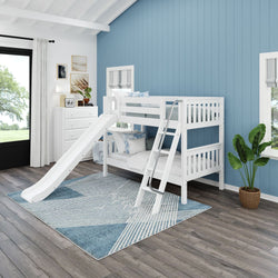 White bunk bed with slide in a modern blue-themed children's room with wooden floors and natural light.