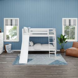 White bunk bed with slide in a cozy blue kids' room featuring wooden floors, a geometric rug, and natural light from windows.