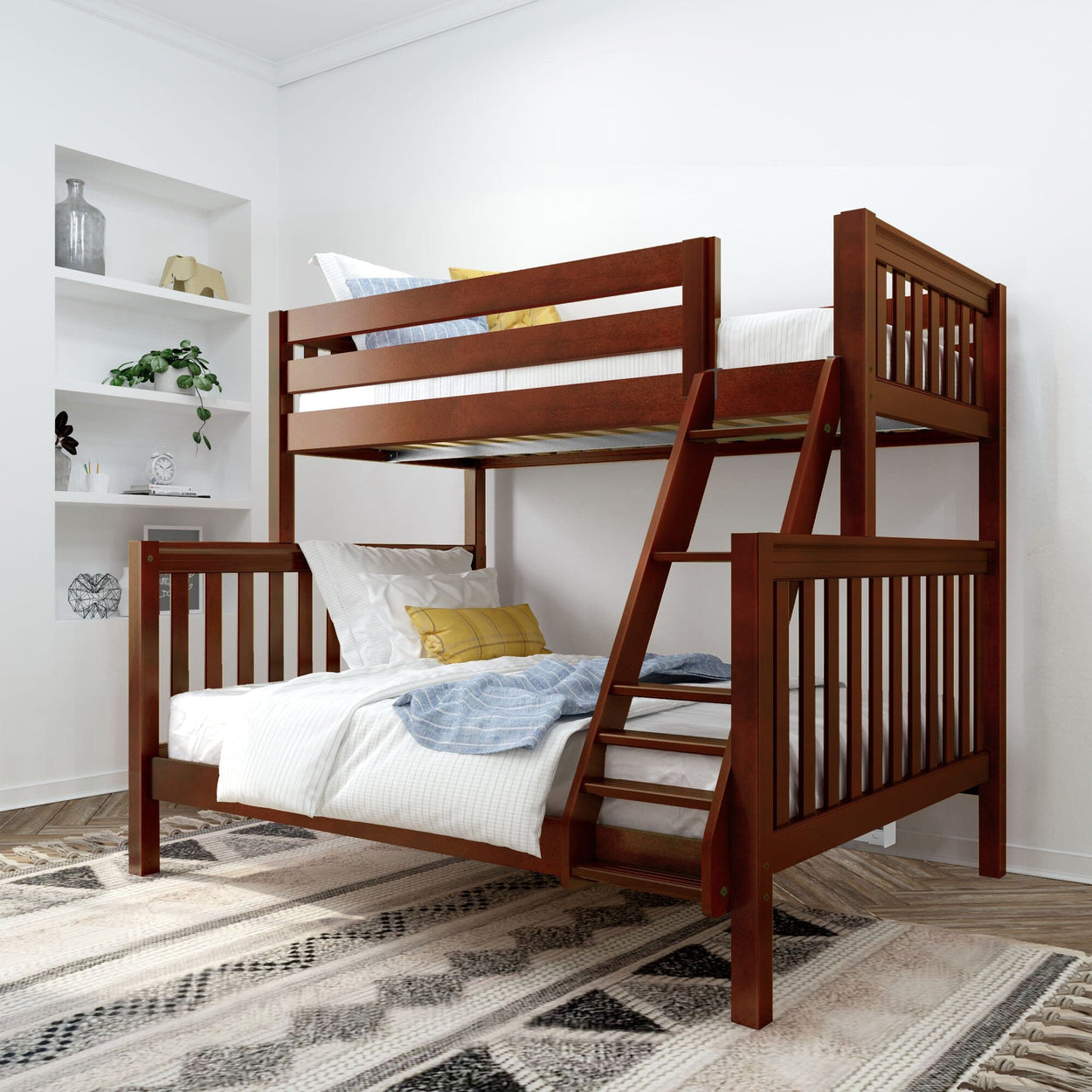 Wooden bunk bed with ladder in modern bedroom setting, featuring white and yellow bedding for a cozy and stylish kids' room.