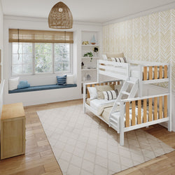 Cozy children's room with white bunk bed, window seat, and natural wood decor