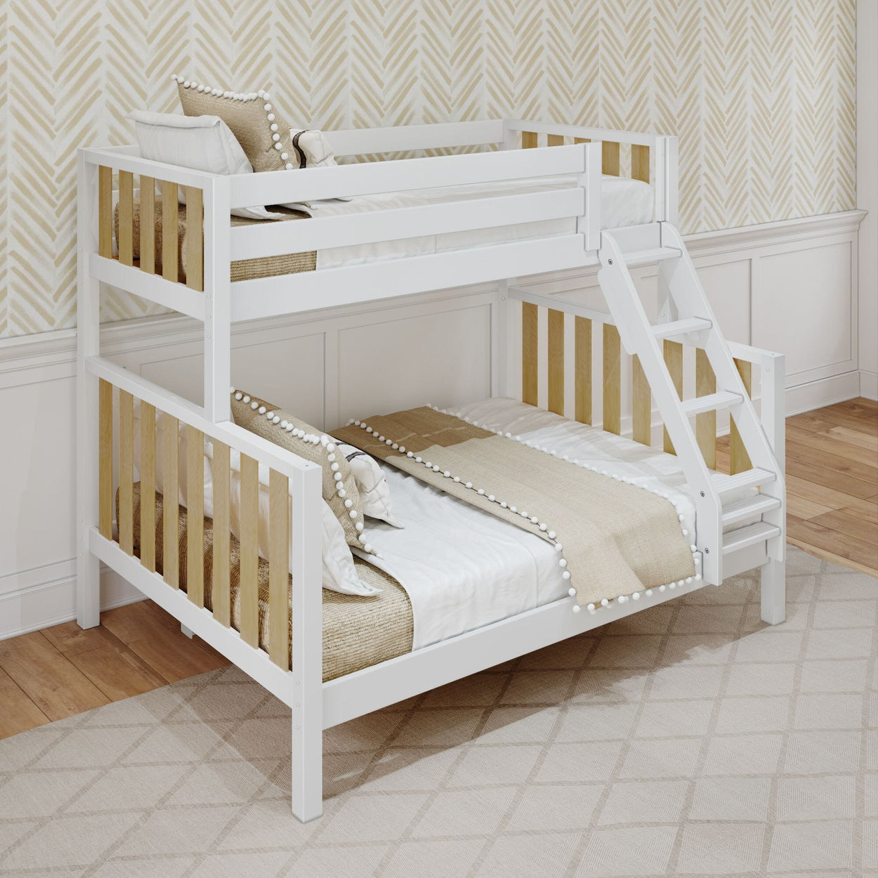 White wooden bunk bed with beige bedding in a modern bedroom setting.