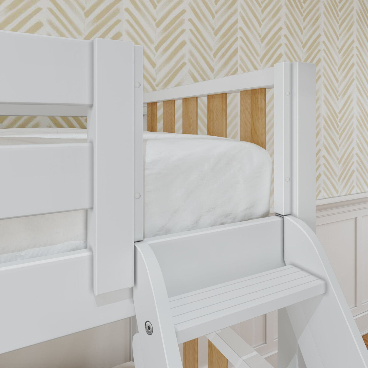 White wooden bunk bed with ladder in a modern bedroom.