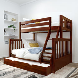 Wooden bunk bed with ladder, white bedding, and an extra storage drawer in a modern bedroom setting.
