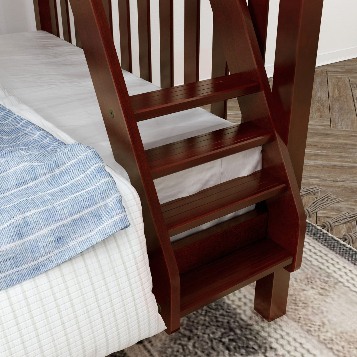 Wooden bunk bed ladder with striped blue blanket and cozy bedroom decor.