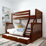 LAVISH XL TR CS : Staggered Bunk Beds Twin XL over Queen High Bunk Bed with Angled Ladder and Trundle Bed, Slat, Chestnut