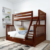 LAVISH XL TR CS : Staggered Bunk Beds Twin XL over Queen High Bunk Bed with Angled Ladder and Trundle Bed, Slat, Chestnut