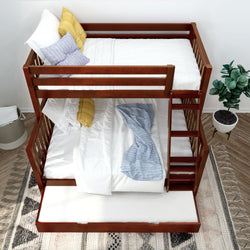 Wooden bunk bed with white and yellow bedding in a modern bedroom setting.