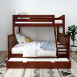 LAVISH XL TR CS : Staggered Bunk Beds Twin XL over Queen High Bunk Bed with Angled Ladder and Trundle Bed, Slat, Chestnut