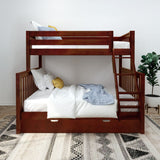 LAVISH XL TR CS : Staggered Bunk Beds Twin XL over Queen High Bunk Bed with Angled Ladder and Trundle Bed, Slat, Chestnut