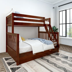 Elegant wooden bunk bed in modern bedroom with large window and decorative rug.