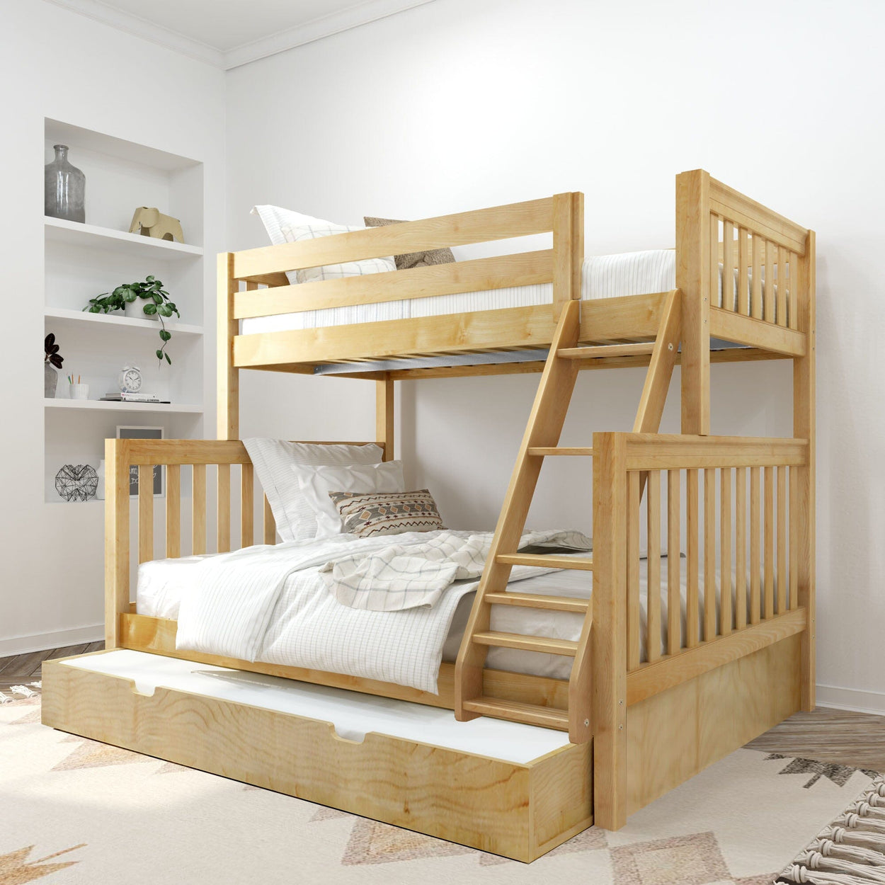 Natural wood bunk bed with ladder and pull-out trundle in bright modern kids' bedroom with neutral bedding and built-in shelves