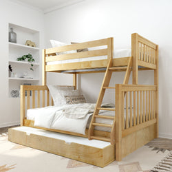 Natural wood bunk bed with ladder and pull-out trundle in bright modern kids' bedroom with neutral bedding and built-in shelves