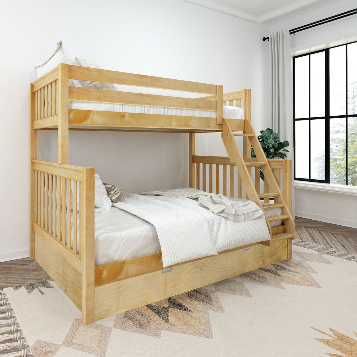 Wooden bunk bed with ladder in a bright, modern bedroom featuring white bedding and natural light from a large window.