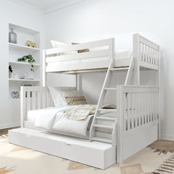 White wooden bunk bed with built-in ladder and pull-out trundle drawer in a modern neutral kids bedroom with white bedding, decorative pillows, and wall shelving