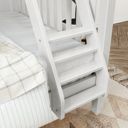 White wooden bunk bed ladder with wide steps beside a mattress and plaid throw blanket on hardwood floor in a bright modern bedroom