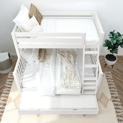 White wooden bunk bed with pull-out trundle drawer and ladder in a modern neutral kids bedroom, striped white bedding, decorative pillows, herringbone wood floor and potted plant