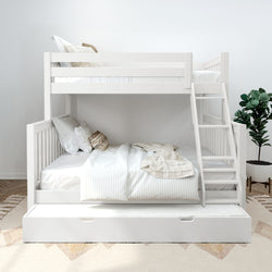 White wooden bunk bed with ladder and pull-out trundle in a modern neutral bedroom with white linens, decorative pillows, indoor plant and textured rug