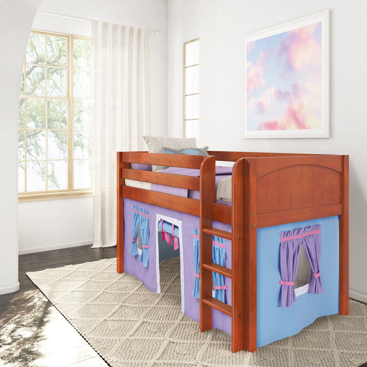 Kids' wooden loft bed with play tent and curtains in bright bedroom.