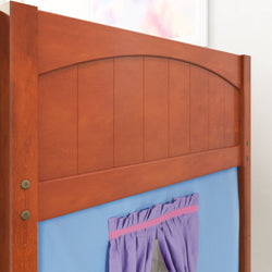 Wooden bed frame with colorful fabric panel and curtains, ideal for kids' bedroom decor.