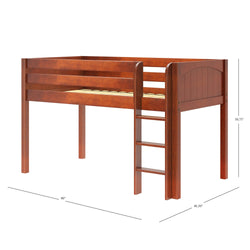 Solid wood loft bed with ladder in warm brown finish, ideal for maximizing space in small bedrooms.