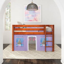 Loft bed with lavender playhouse cover and ladder in a bright, modern kids' room with a decorative rug.