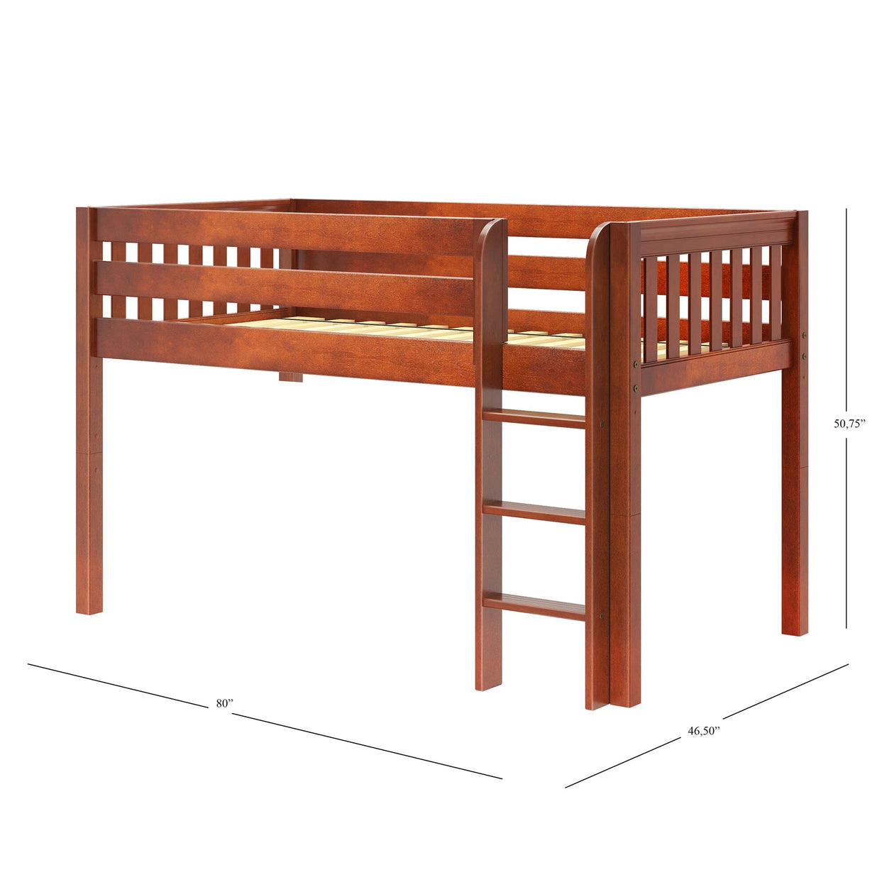 Wooden loft bed with ladder, 80x46.5x50.75 inches, brown finish.