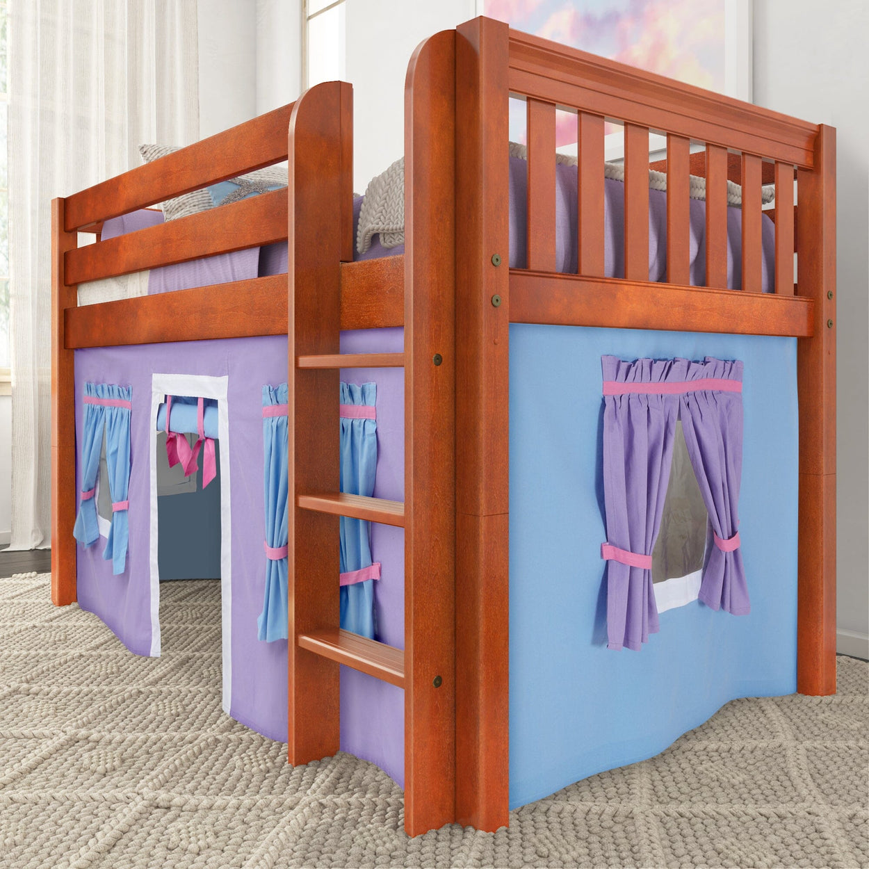 Wooden loft bed with purple and blue curtains, children's playhouse design, cozy and stylish bedroom furniture.