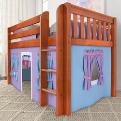 Wooden loft bed with purple and blue curtains, children's playhouse design, cozy and stylish bedroom furniture.