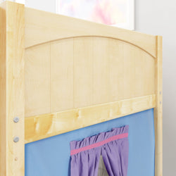 Wooden loft bed with blue and purple fabric curtains, suitable for children's room decor.