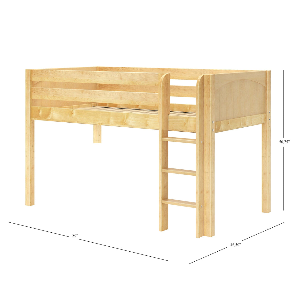 Wooden loft bed with ladder and guardrails, 80 inches long, 50.75 inches tall, ideal for kids' room or small spaces.