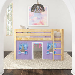 Kids' wooden loft bed with lavender curtains and ladder in a bright room, featuring a playful under-bed play area.