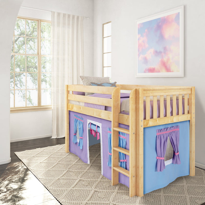 Natural wood loft bed with purple play‑tent curtains in a bright kids' bedroom by a large window and pastel cloud wall art
