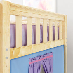 Wooden bunk bed frame with purple curtain, ideal for kids' bedrooms and space-saving solutions.