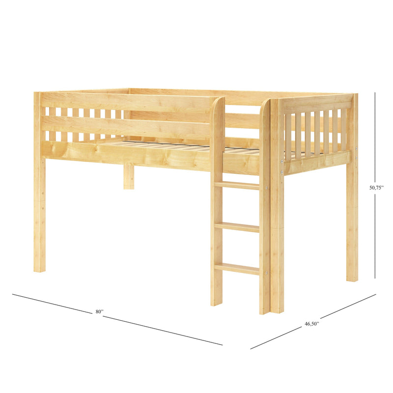 Twin-size natural wood loft bed with built-in ladder and safety guardrails, slatted panels and space-saving raised design — 80 in x 46.5 in x 50.75 in