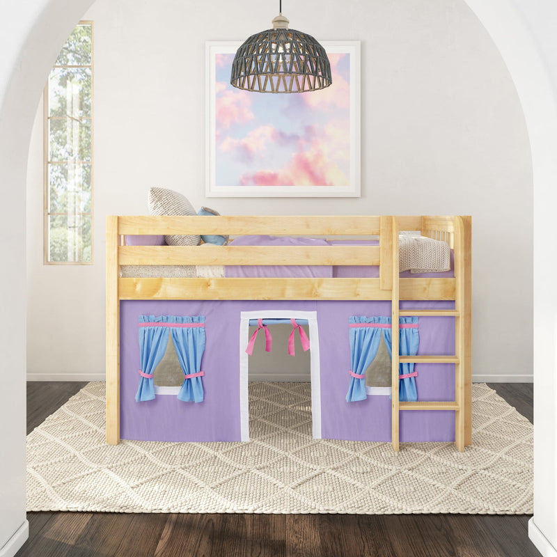 Wooden loft bunk bed with purple playhouse curtains and ladder in bright kids' bedroom, pastel cloud wall art and woven pendant light