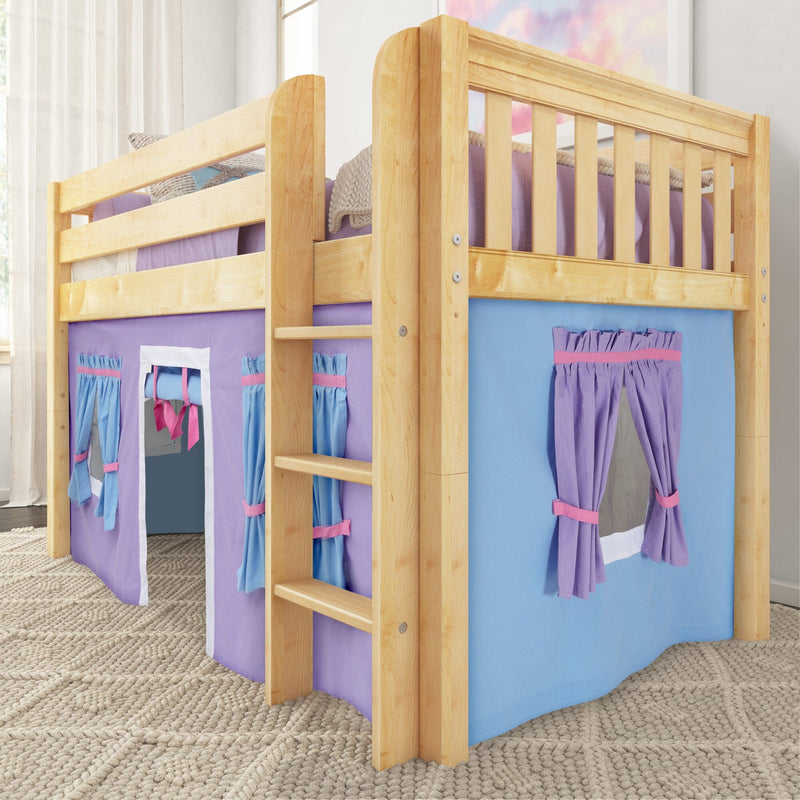 Natural wood kids loft bed with ladder and purple-blue playhouse curtains, cozy knit bedding and built-in play tent panels