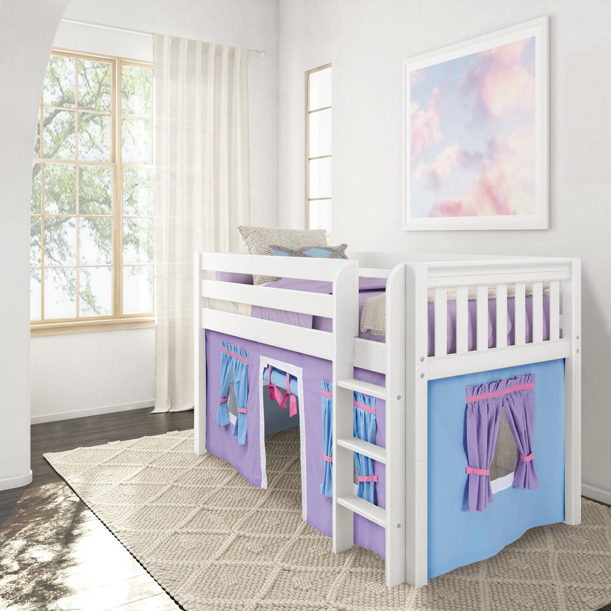 Children's white loft bed with colorful curtains in a bright, modern bedroom.
