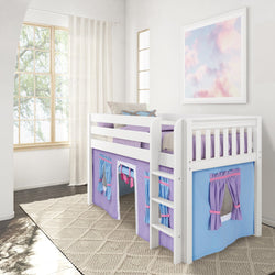 Children's white loft bed with colorful curtains in a bright, modern bedroom.