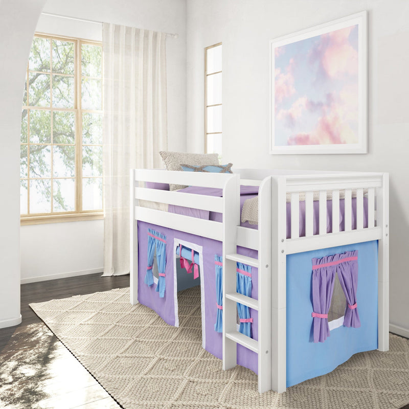 Bright nursery with white children's loft bunk bed and ladder, purple bedding and blue playhouse curtains, large wood-frame window with sheer curtains, pastel cloud wall art and cream textured rug