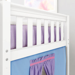 White wooden loft bed with purple curtains and bedding for kids' bedroom decor.