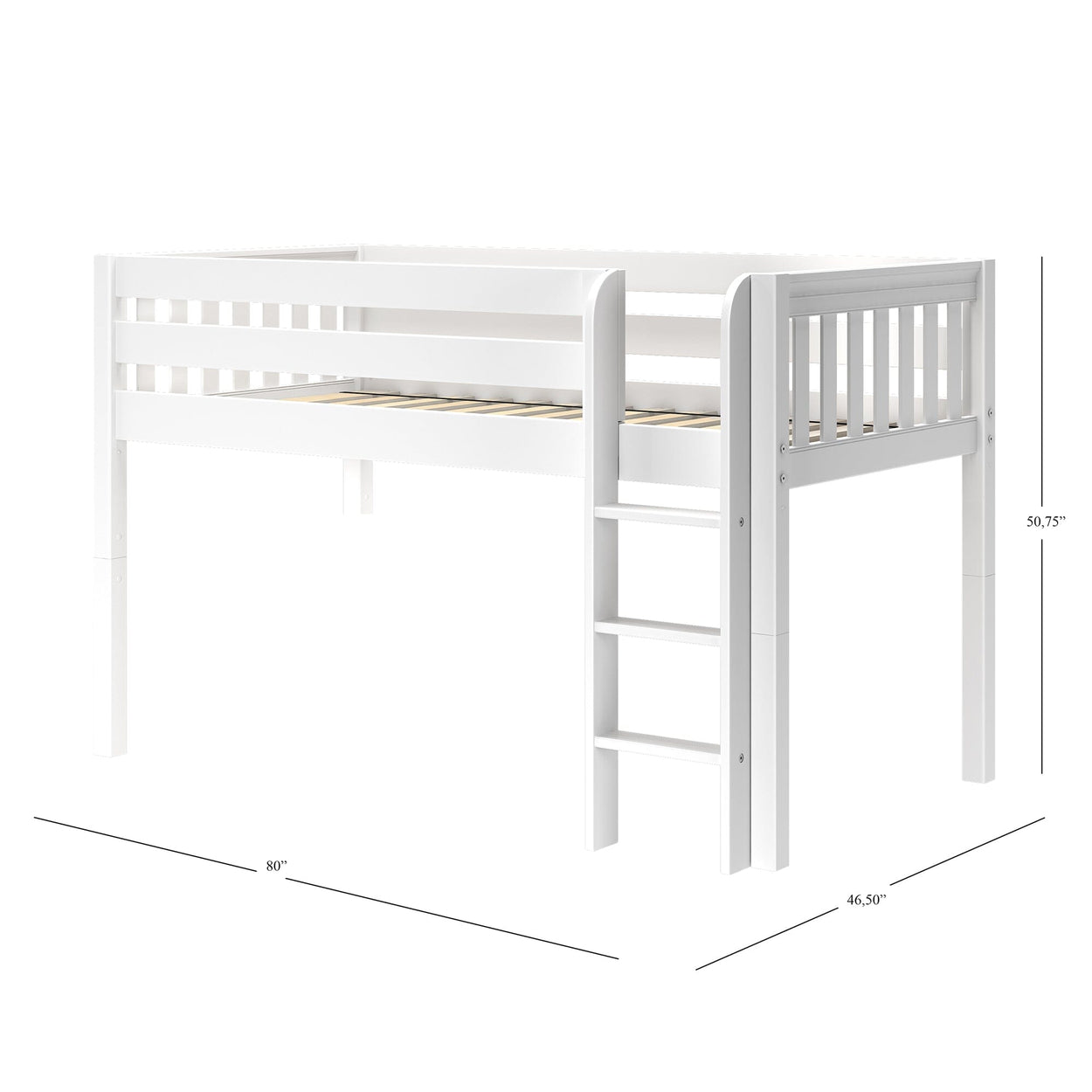 White wooden loft bed with ladder and safety rails, ideal for maximizing bedroom space and storage.