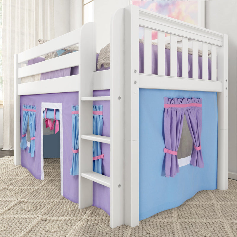 White wooden kids loft bunk bed with ladder and purple-blue play tent curtains, cozy children's bedroom decor on a woven rug