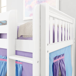 White wooden bunk bed with purple bedding and blue curtains in a bright, modern bedroom.