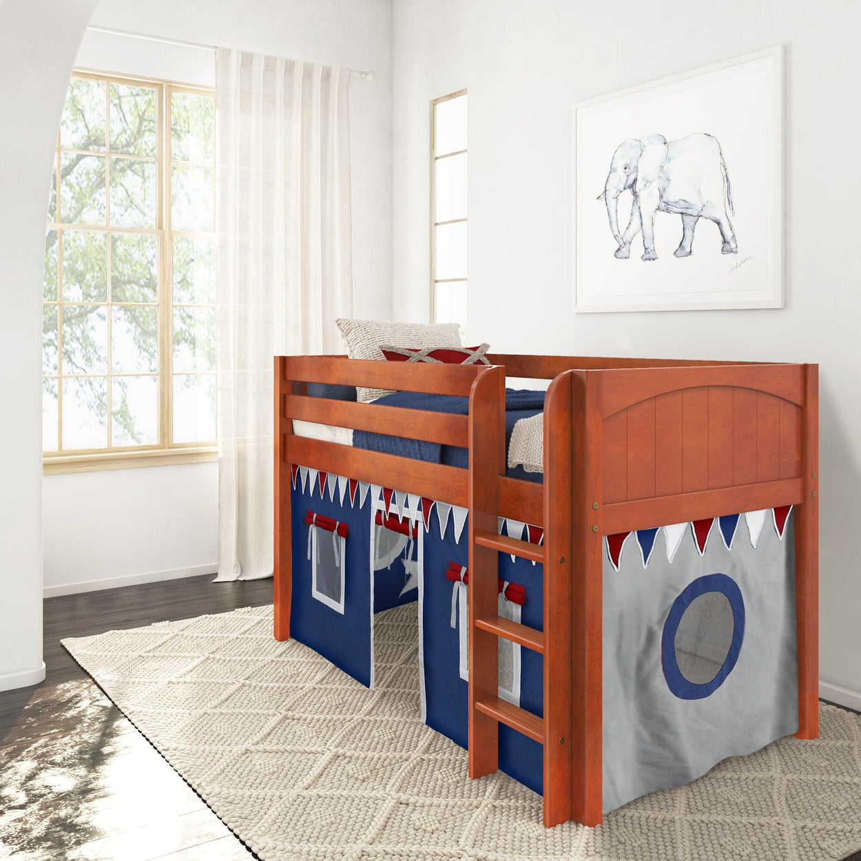 Wooden loft bed with blue and red tent and elephant artwork in bright children's room.