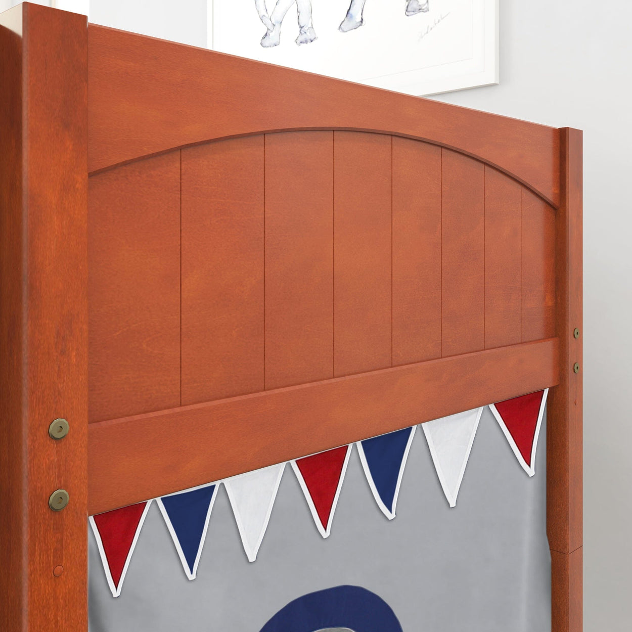 Wooden headboard with decorative red and blue triangular banner design.