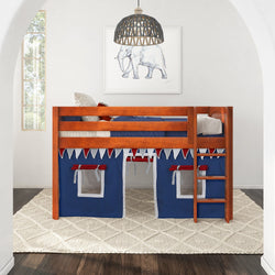 Children's wooden loft bed with blue and white tent, ladder, and elephant artwork in a modern bedroom.